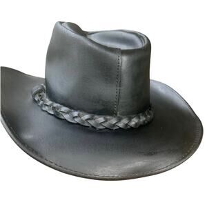 HatQuarters USA Black Leather Cowboy Hat Medium Western Braided Band